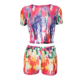 Short sleeve crewneck tie dye contrast mesh pant set