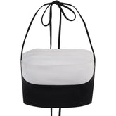 Pleated contrast patchwork halter backless crop top