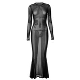 Sheer mesh see through long flared sleeve solid maxi dress