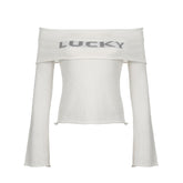 Off shoulder "LUCKY" pattern long sleeve top