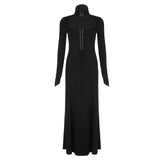 Lace up hollow out solid long sleeve maxi dress