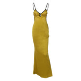 Backless v neck self tie contrast hollow out cami maxi dress
