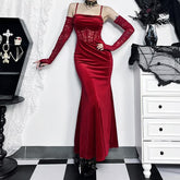 Velvet ruched lace patchwork slit backless cami midi dress