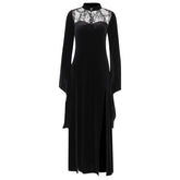 Velvet lace patchwork button solid high neck long flared sleeve slit midi dress