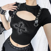 Short sleeve cross pattern beaded buckle hollow out crop top