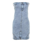 Button zip-up backless denim tube mini dress