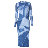 Denim print long sleeve contrast crewneck slit midi dress
