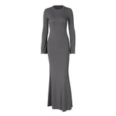Ruffle solid long sleeve crewneck ribbed maxi dress