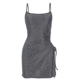 Backless hollow out drawstring ruched u neck textured mini dress