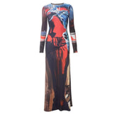 Abstract long sleeve contrast print maxi dress