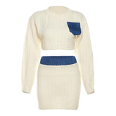 Crewneck long sleeve crochet contrast patchwork mini skirt set