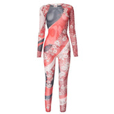 Contrast print zip-up long sleeve sheer mesh see through jumpsuit