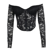 Lace solid long sleeve corset off shoulder top