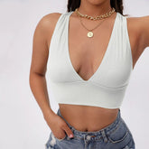 Cross back v neck solid ribbed crop top