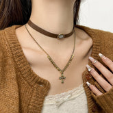 2 piece PU leather cross decor chocker necklace