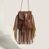 Skull applique tassels button PU leather bag