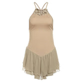 Cross back ruffle mesh patchwork ruched backless cami mini dress