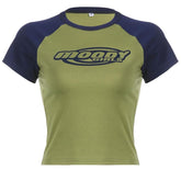 Patchwork contrast short sleeve crewneck "moody" pattern crop top