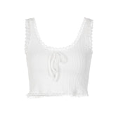Textured lace hem solid u neck sleeveless crop top