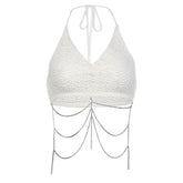 Metal chain ruched v neck halter self tie backless crochet crop top