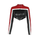Contrast patchwork zip-up long sleeve PU leather to top jacket