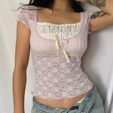 Square neck lace ruffled short sleeve bowknot top