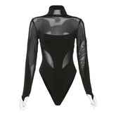 Solid long sleeve mesh gloves high neck patchwork bodysuit