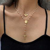 Angel cross pendant pearl layered necklace