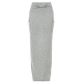 Ruched slit solid pocket high rise midi skirt