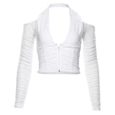 Off shoulder solid long sleeve mesh halter zip-up low cut crop top