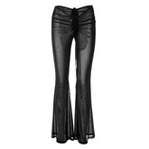 Ruched self tie low rise sheer mesh see through flared pant