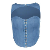 Hollow out button sleeveless corset low cut denim cut out top