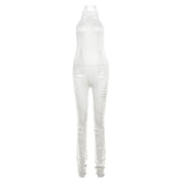 Crochet solid hollow out backless halter sleeveless jumpsuit