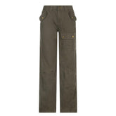 Irregular zip-up button low rise straight leg baggy cargo pocket jeans