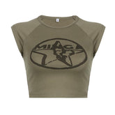 Star pattern cap sleeve contrast crewneck crop top