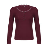 Ribbed long sleeve lace hem button solid top