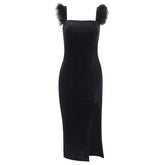 Velvet feather sleeveless slit solid zip-up midi dress