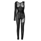 Crochet hollow out irregular one shoulder solid jumpsuit