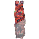 Ruffle o ring hollow out ruched irregular tube midi dress