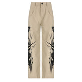 Abstract high rise button pocket contrast straight leg pant