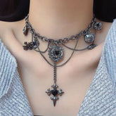 Cross pendant stone layered chain necklace