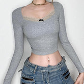 Ribbed lace hem long sleeve contrast v neck crop top