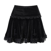 Solid A line lace hem spider web pattern mini skirt