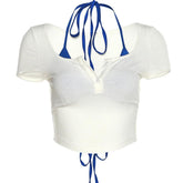 Short sleeve self tie contrast halter button 2 piece crop top