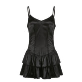 Satin v neck backless zip-up ruched solid cami mini dress