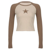 Star patchwork contrast ribbed crewneck long sleeve top
