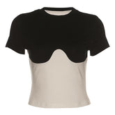 Short sleeve patchwork crewneck contrast crop top
