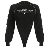 Pocket letter print long sleeve crewneck contrast bodysuit