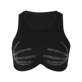 Palm pattern beaded ribbed sleeveless round neck crop top