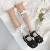 Sheer lace bowknot satin knee high socks